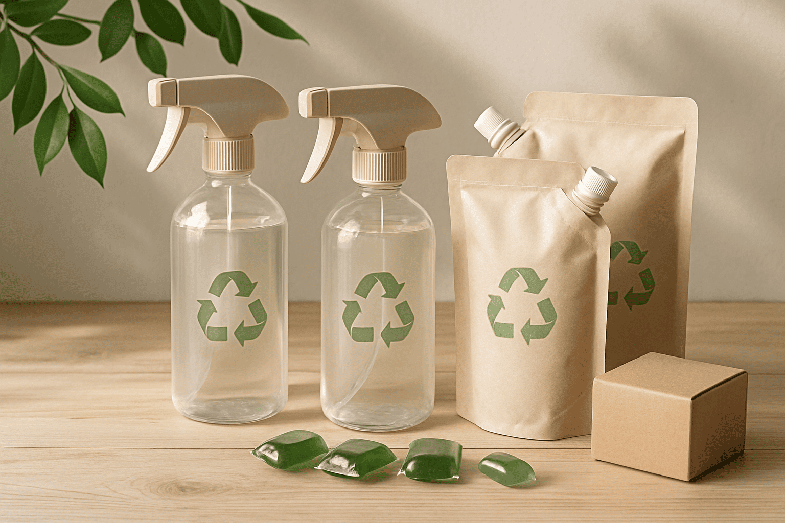Eco-friendly cleaning products with recyclable bottles, biodegradable refills, and concentrated packaging