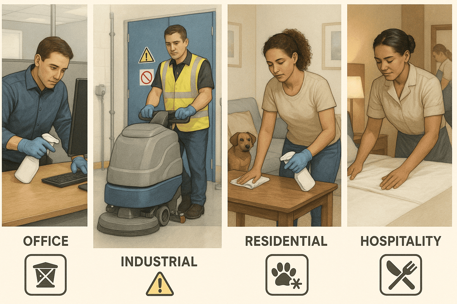 Four-panel scene showing training priorities for office, industrial, residential, and hospitality cleaning