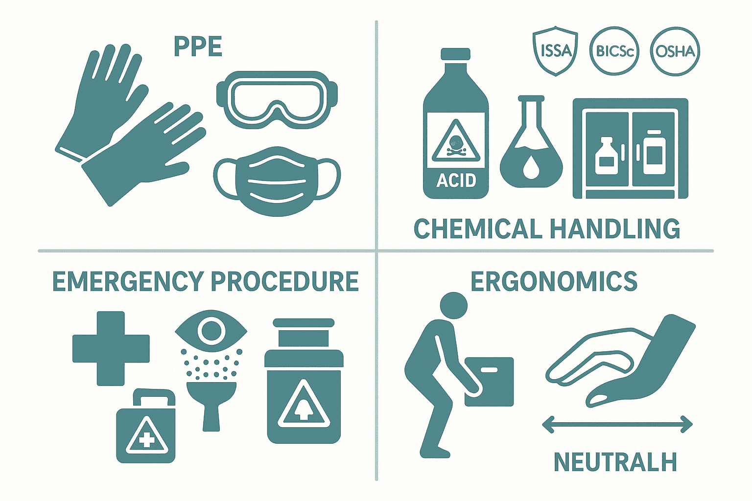 Diagram of PPE, chemical handling, emergency procedures, ergonomics with ISSA/BICSc/OSHA style generic badges