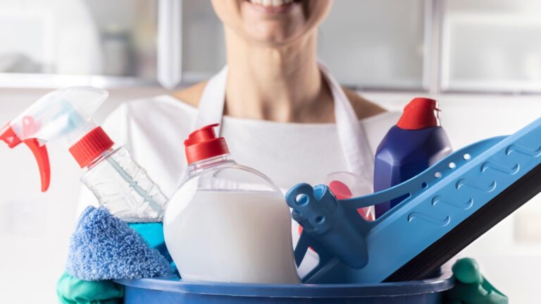 Organized cleaning station with essential supplies for home and business