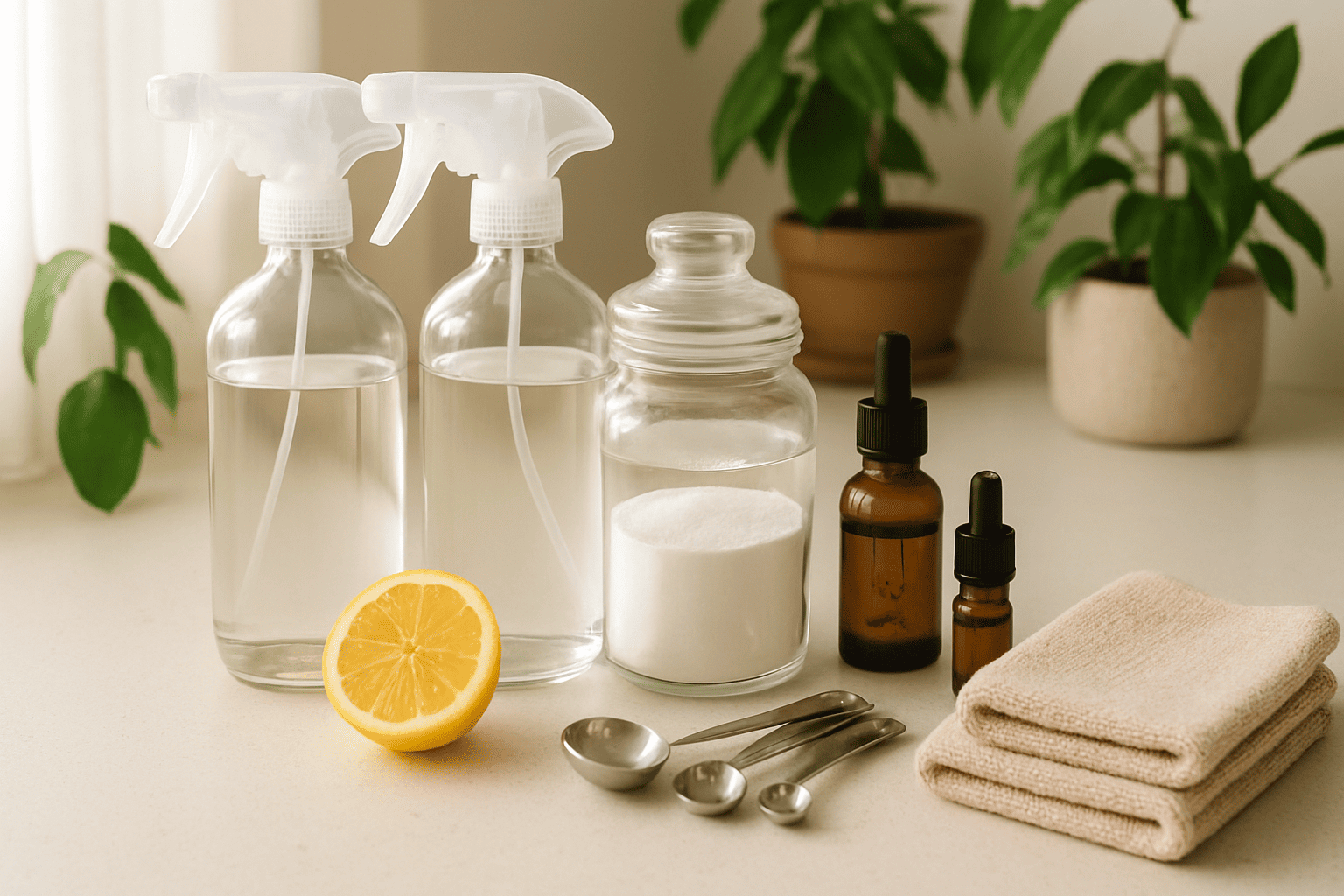 DIY eco-friendly cleaning kit with vinegar, baking soda, lemon, and reusable bottles