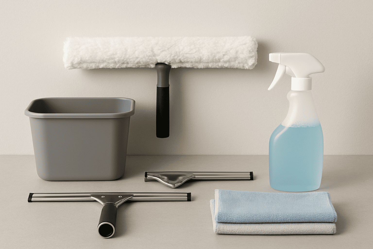 Complete set of professional window cleaning tools including squeegee, scrubber, microfiber cloths and cleaning solution for streak-free results