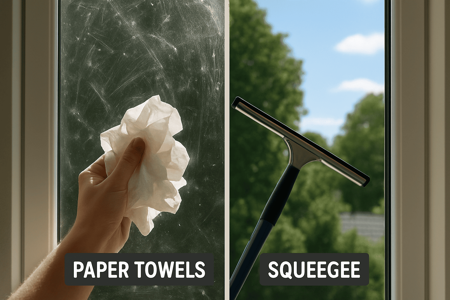Side-by-side comparison of window cleaning methods showing streaky results with paper towels versus perfect clarity with professional squeegee technique
