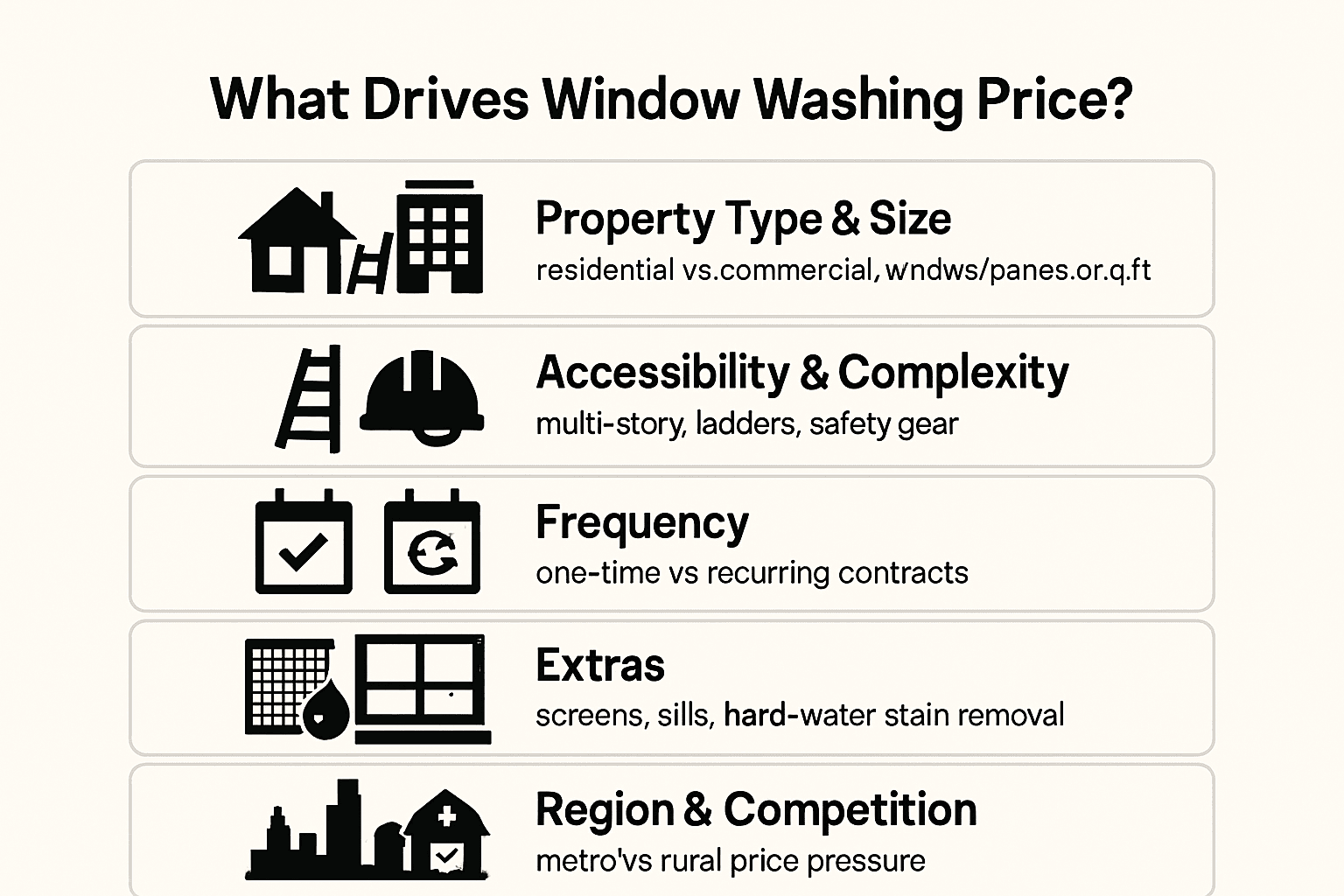 Infographic of key factors affecting window washing price: property type, accessibility, service frequency, add‑ons, region/competition
