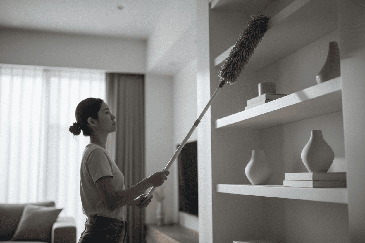 Demonstration of dusting a high shelf following the top-to-bottom cleaning method.