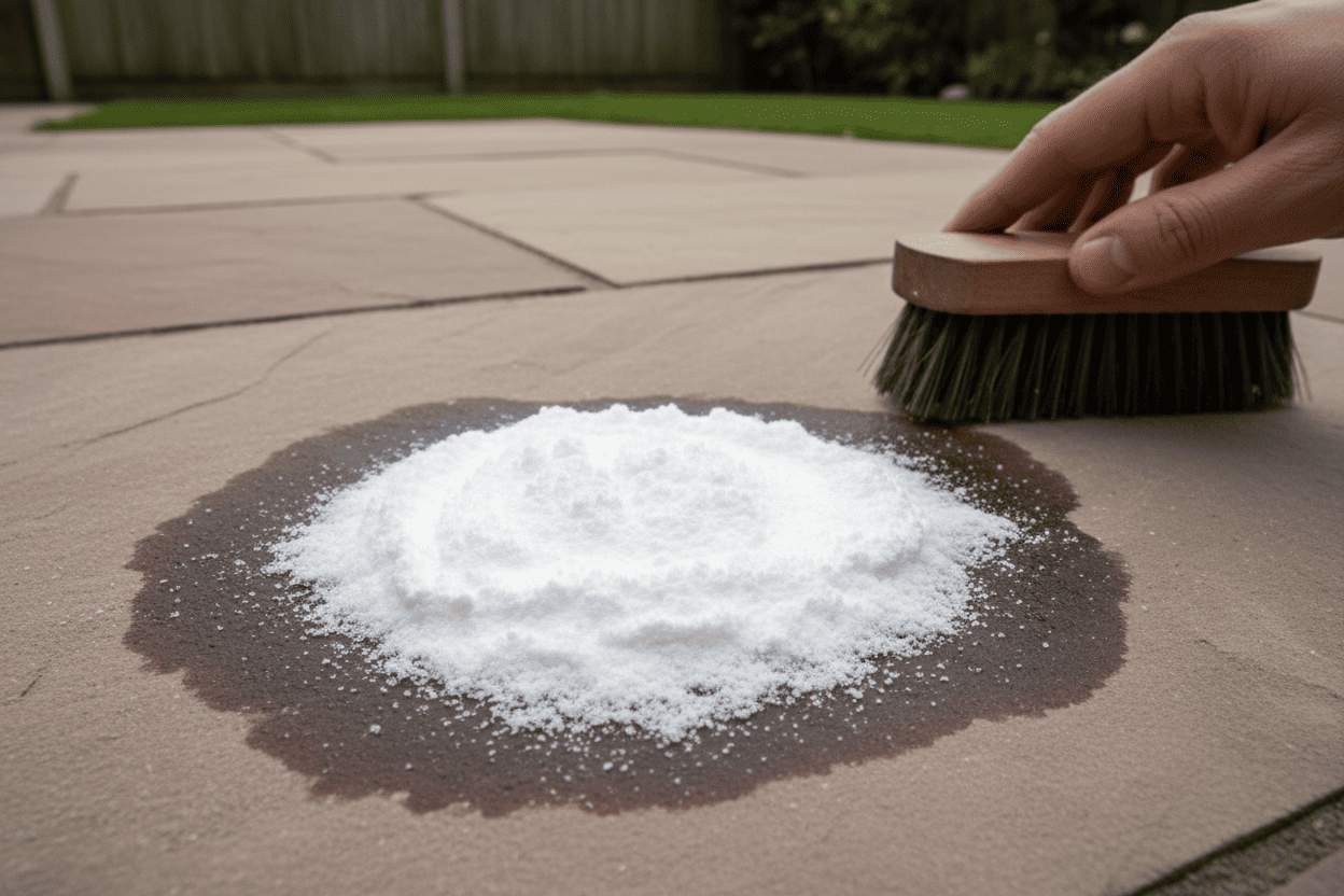Baking soda paste applied to remove oil stains from Indian sandstone paving slabs.