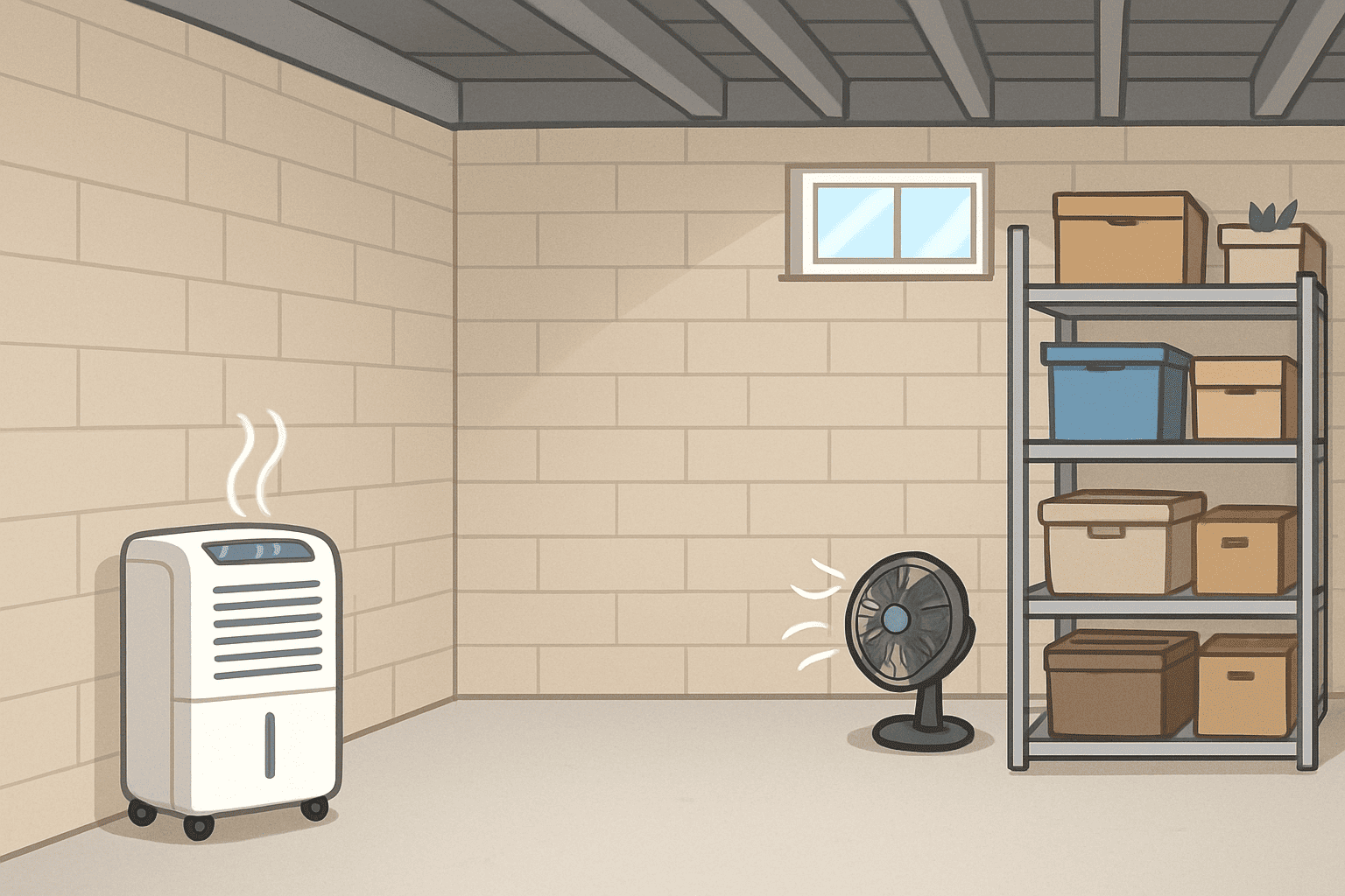 Properly arranged basement with dehumidifier, air circulation, and cleaning tools to prevent musty smell