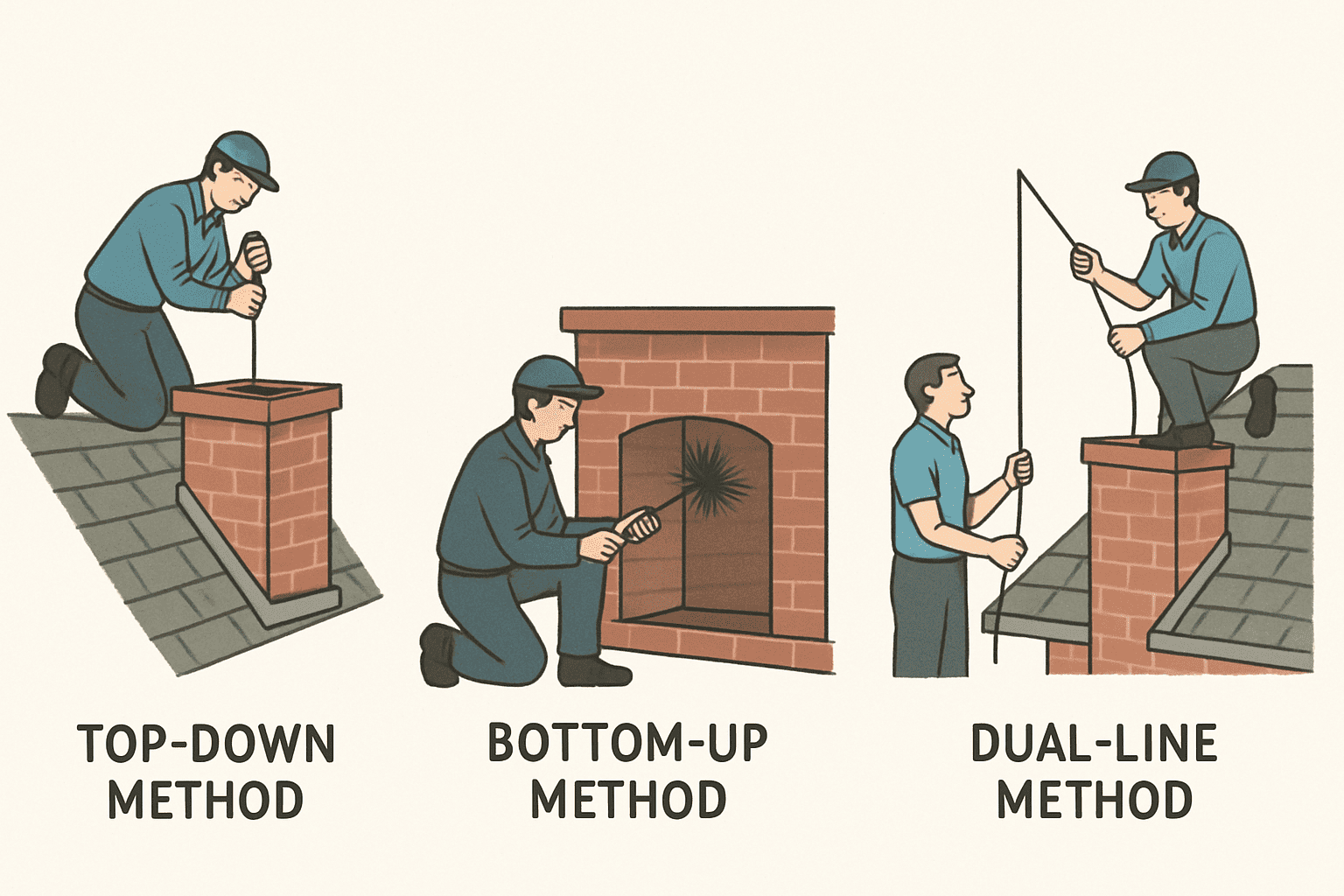 Three effective chimney cleaning techniques illustrated: top-down roof access, bottom-up fireplace access, and dual-line cooperative method for thorough flue cleaning