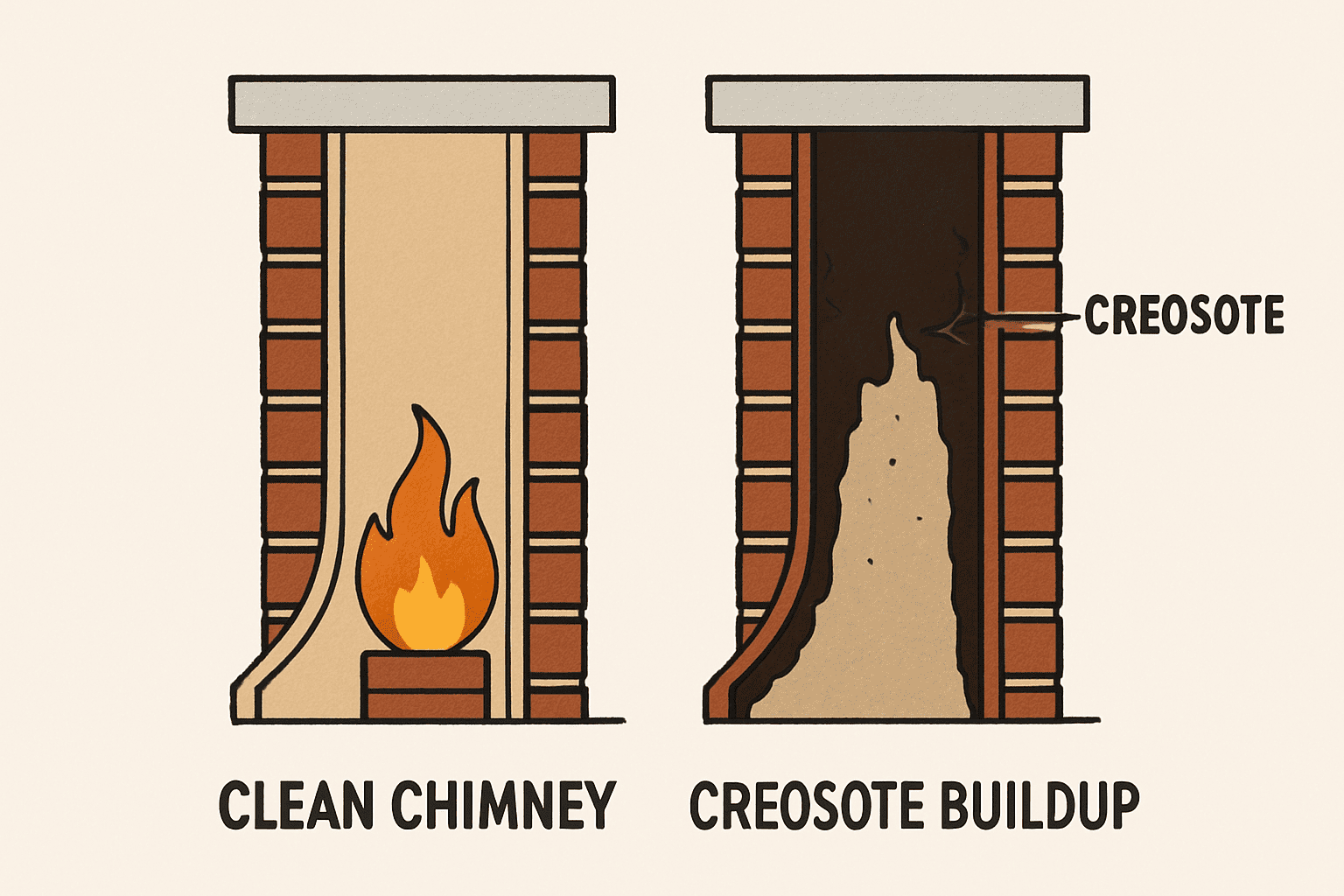Cross-section diagram comparing clean chimney flue versus dangerous creosote buildup that increases fire risk and restricts proper ventilation