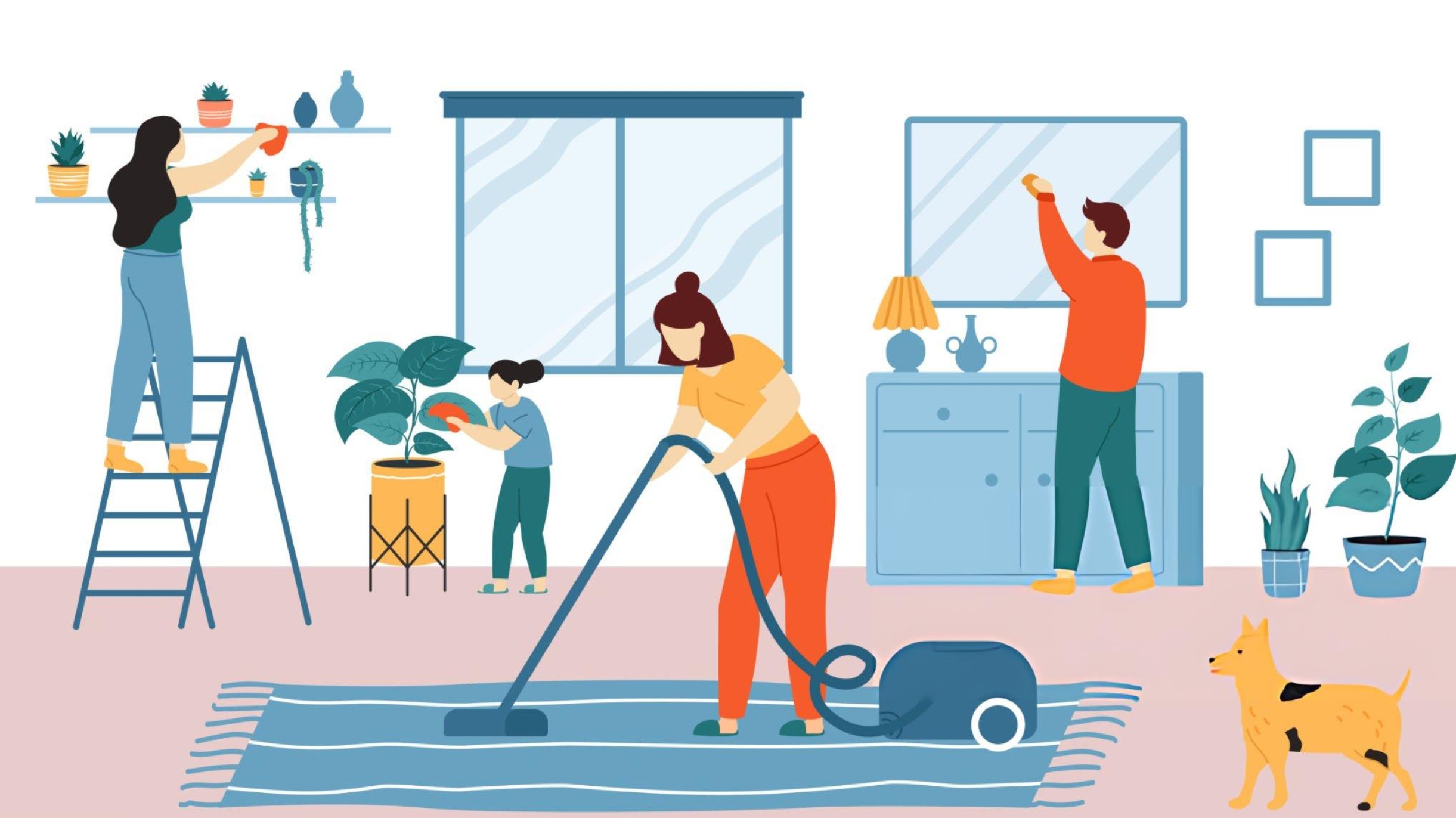 Organized modern living room with basic cleaning tools for fast home cleaning.