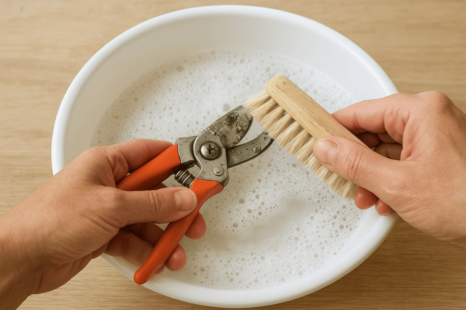 Hands scrubbing pruning shears with warm soapy water to remove dirt and sap.