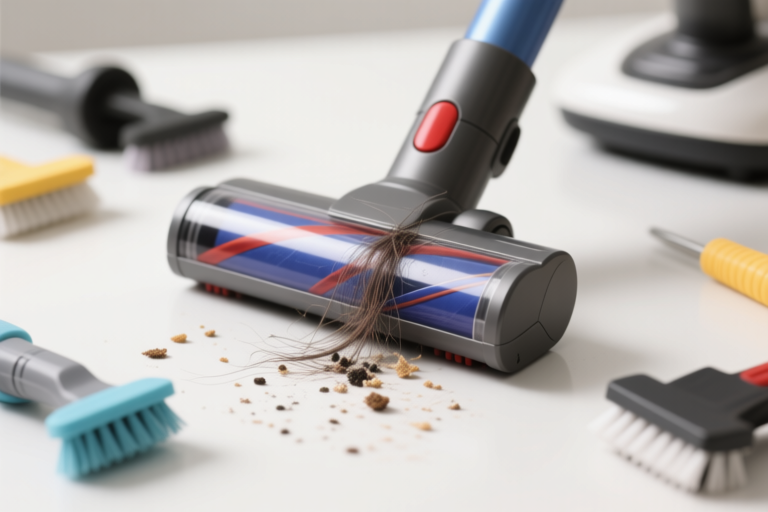 Cleaning the brush roll of a vacuum cleaner by removing hair and debris.