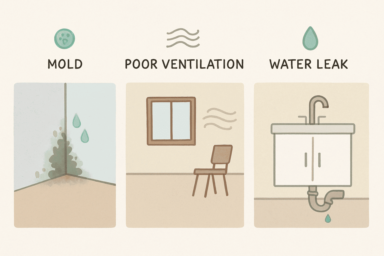 Visual representation of common causes of musty smell including mold, poor ventilation, and water damage