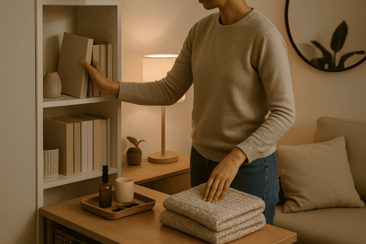 Person performing 15-minute daily reset routine in living space to maintain organized home