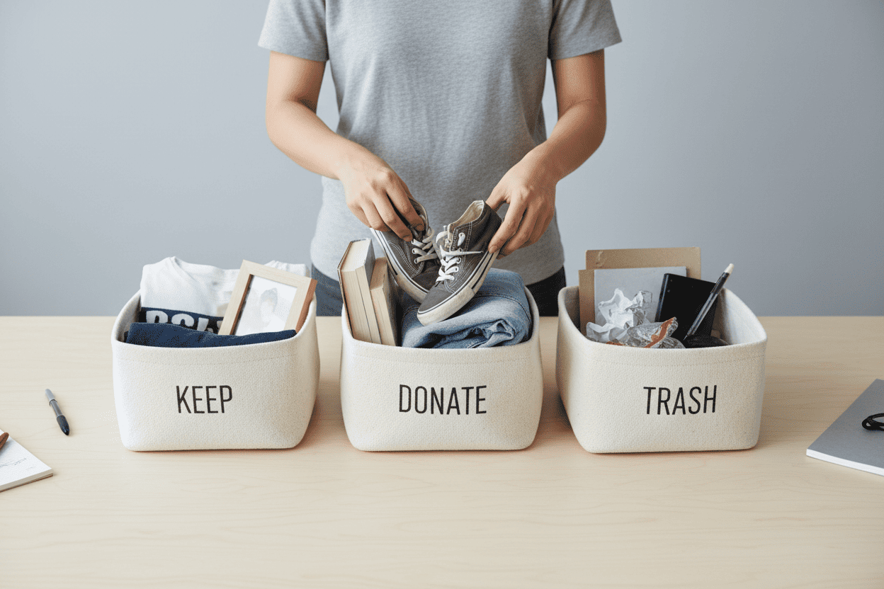 Hands sorting household items into keep, donate, and trash baskets for faster cleaning.