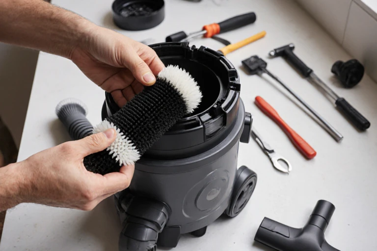 Hands disassembling a vacuum cleaner by removing the filter and brush rol