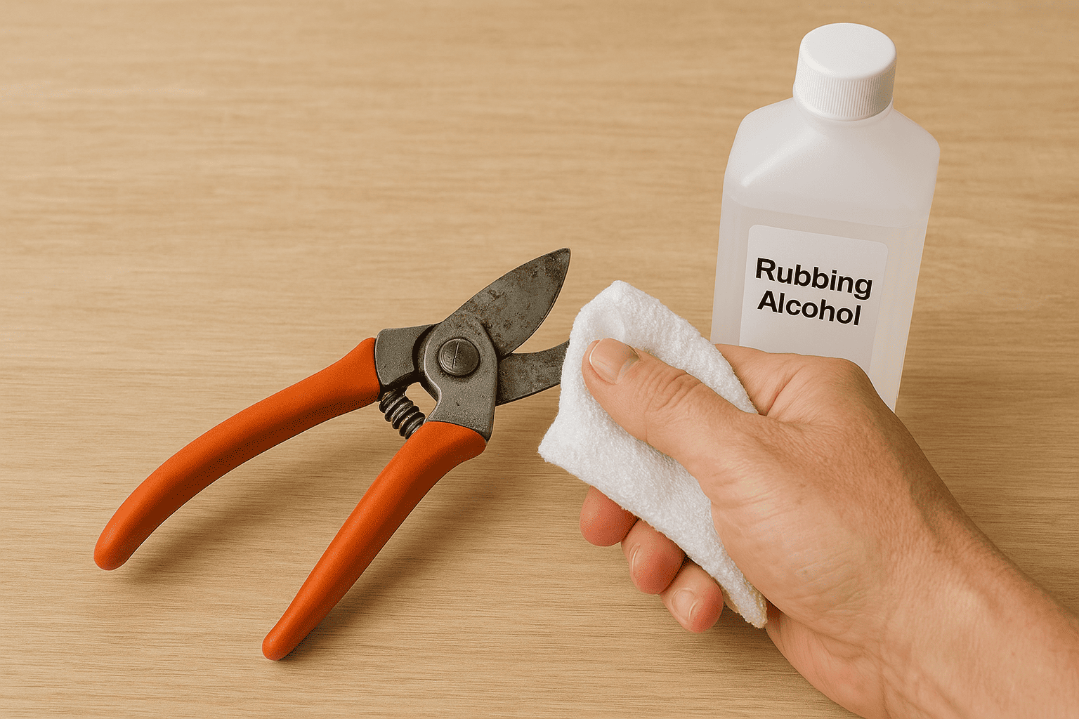 Wiping pruning shears with an alcohol-soaked cloth to disinfect the blades.