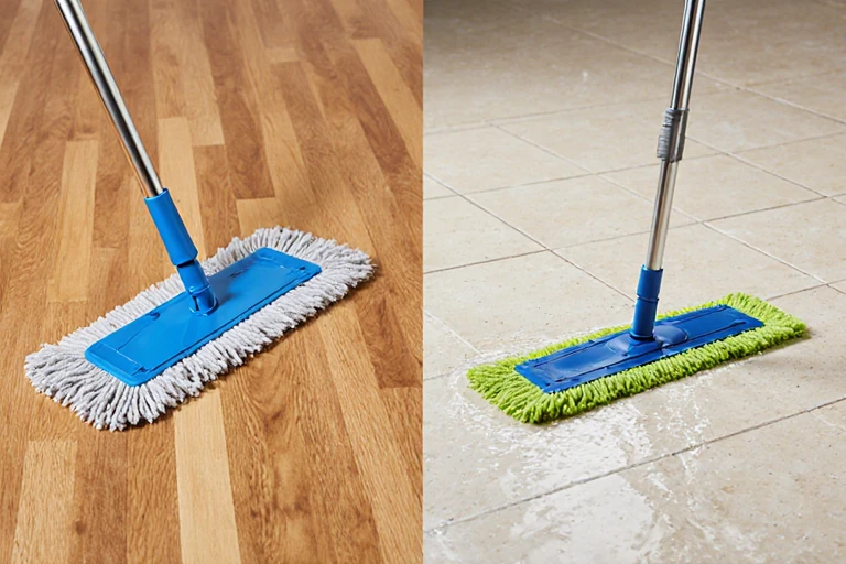 A side-by-side comparison of a dry mop and a wet mop on hardwood and tile floors.