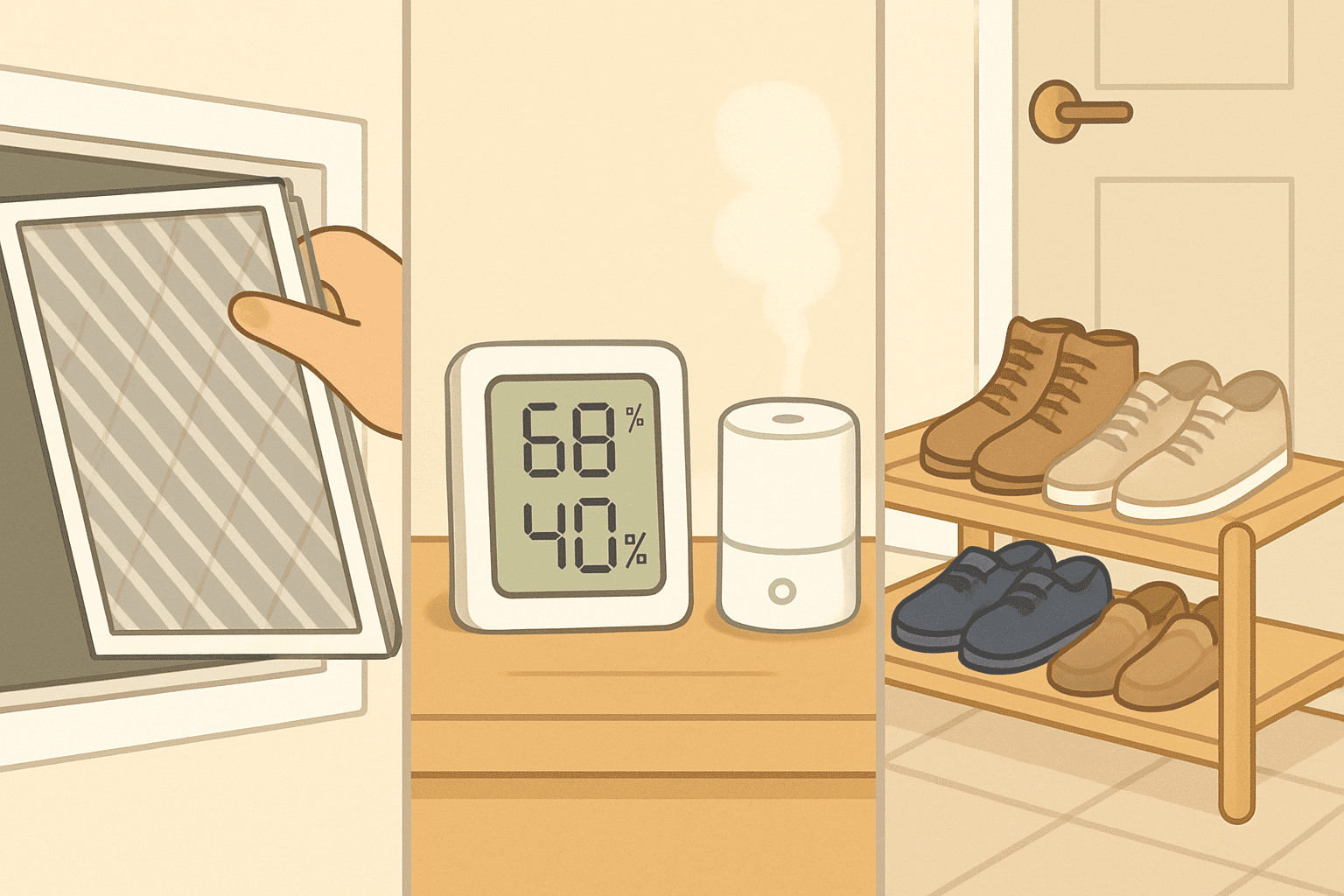 Three effective dust prevention methods showing air filter replacement, humidity control, and no-shoes policy