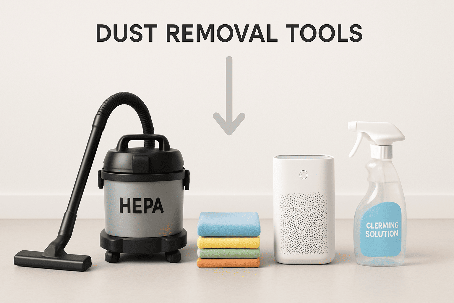 Essential dust removal tools including HEPA vacuum, microfiber cloths, and air purifier arranged for effective cleaning