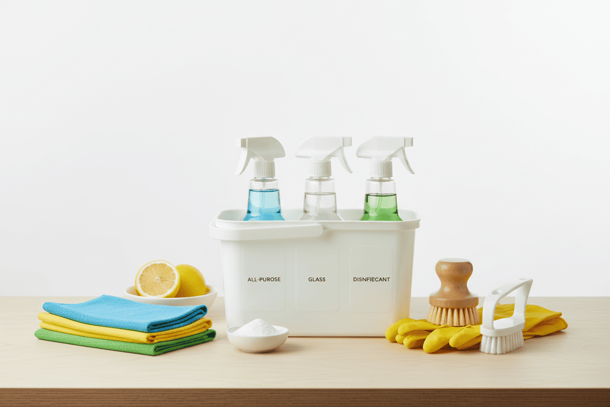 Essential home cleaning supplies including microfiber cloths, spray bottles, and a cleaning caddy.