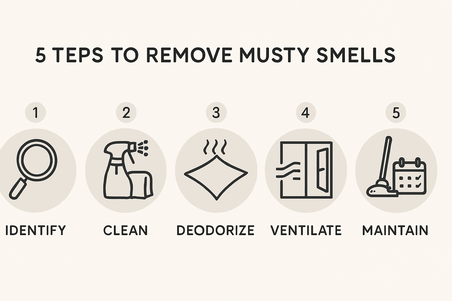 Step-by-step process for eliminating musty odors showing identification, cleaning, deodorizing, ventilating and maintenance