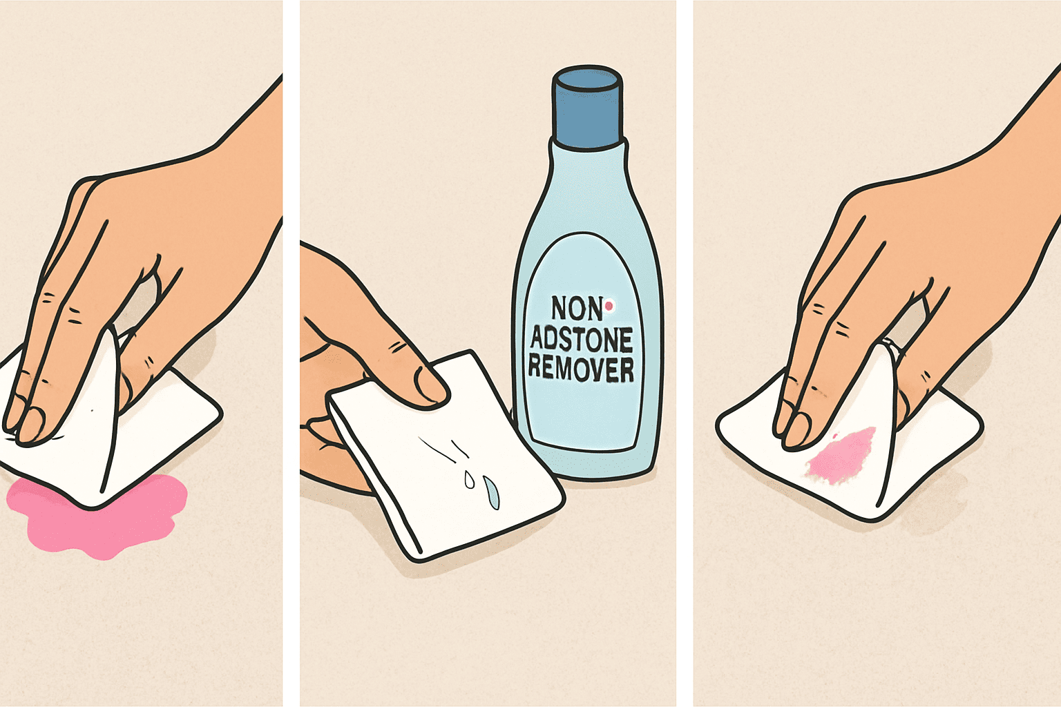 Demonstration of blotting technique for removing fresh nail polish from carpet without spreading