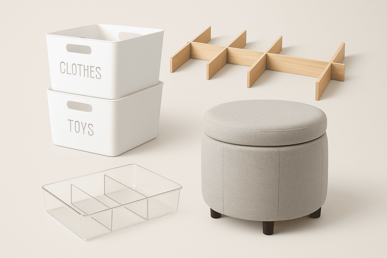 Smart storage solutions showing labeled containers, drawer dividers and multi-functional furniture for home organization