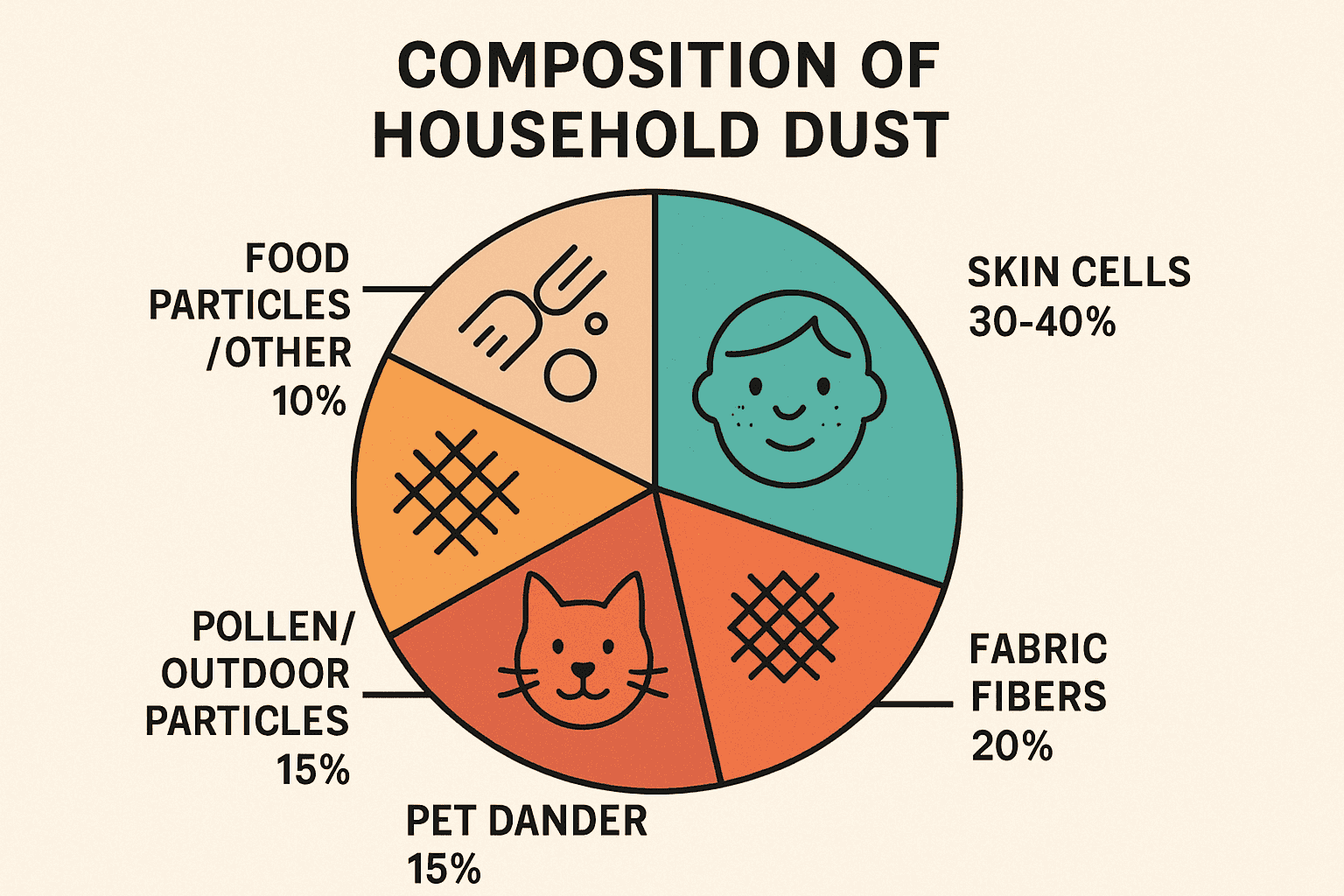 Visual breakdown of common household dust sources including skin cells, pet dander, and outdoor particles
