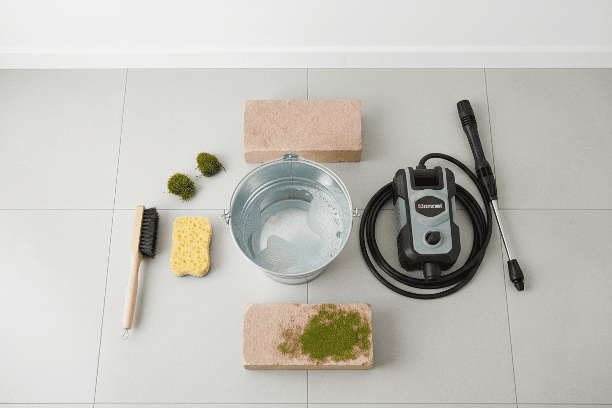 Essential tools for cleaning Indian sandstone, including a soft brush, bucket, and low-pressure washer.