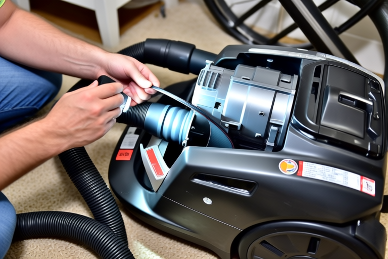 Checking the vacuum cleaner belt for wear and tear with a flashlight.