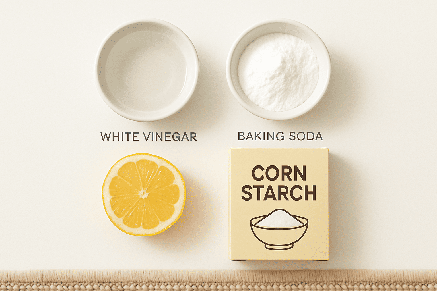 Natural ingredients for removing nail polish from carpet including vinegar, baking soda and lemon juice