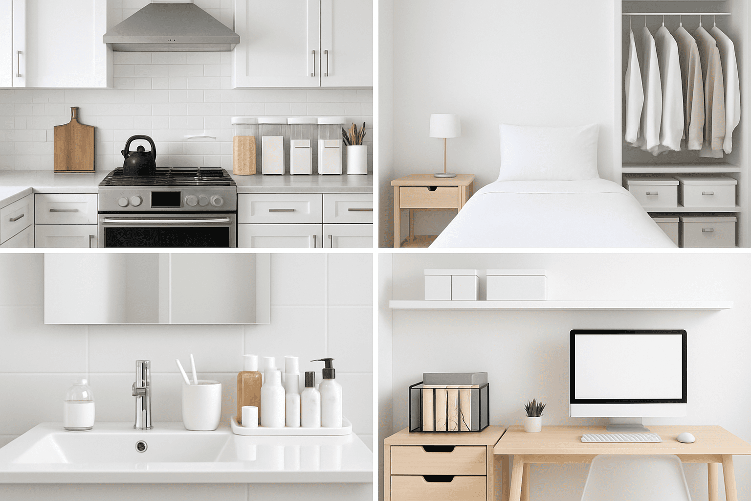 Visual guide showing organized kitchen, bedroom, bathroom and home office spaces with clear storage systems