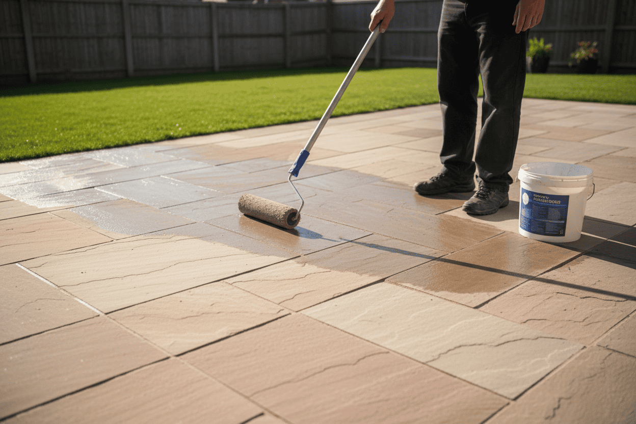 Applying protective stone sealer with a roller on clean Indian sandstone paving slabs.