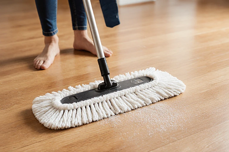 A person using a dry mop on a hardwood floor, leaving it dust-free with no streaks.
