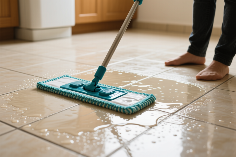 A person using a wet mop on a tile floor with cleaning solution, spreading water evenly across the surface.