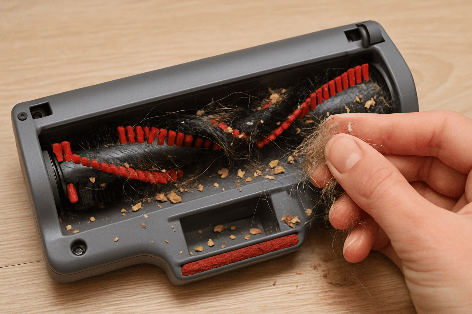 Cleaning the brush roll of a vacuum cleaner by removing hair and debris.
