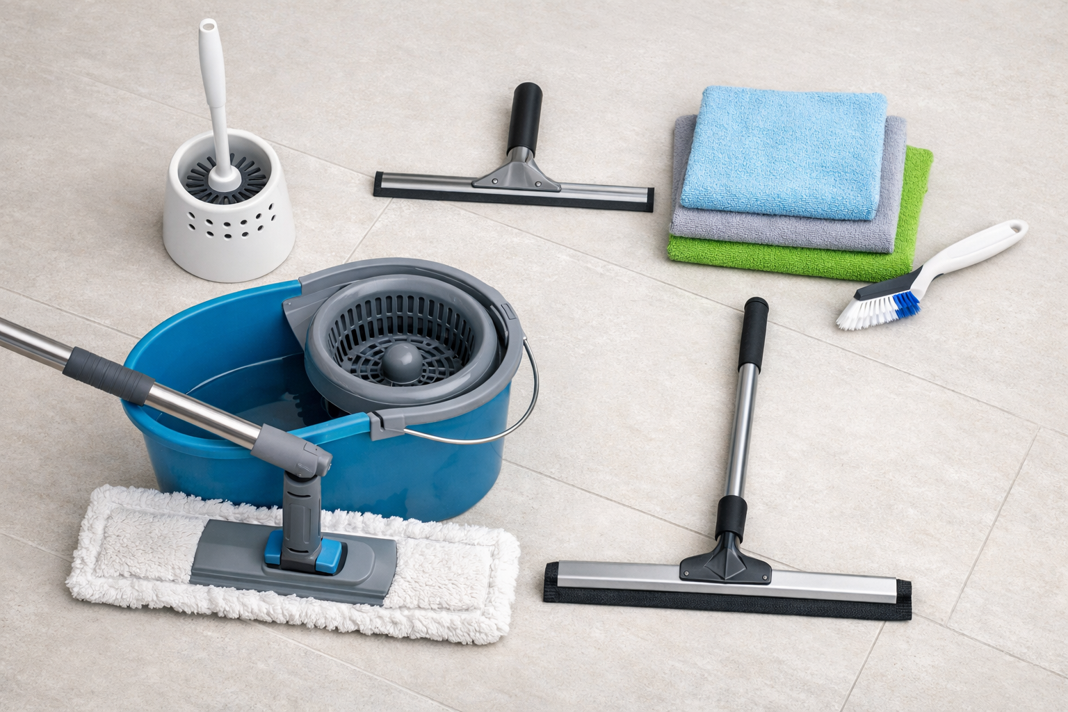 Complete bathroom cleaning tools kit showing toilet brush squeegee microfiber towels grout brush mop and floor squeegee