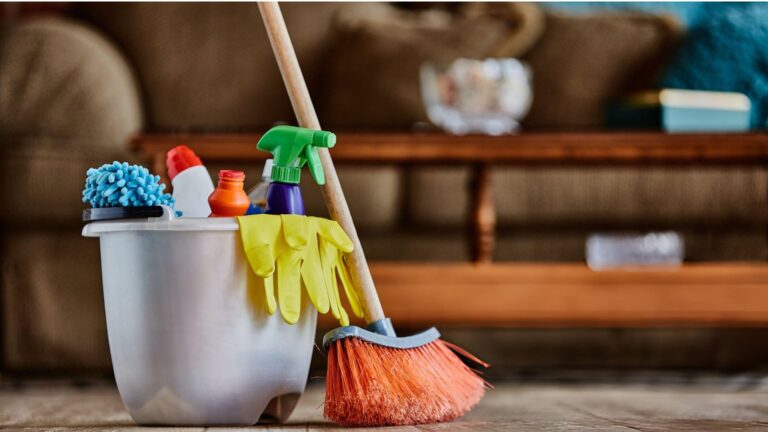 Commercial bathroom cleaning tools starter kit with cart brushes mop squeegee and microfiber cloths