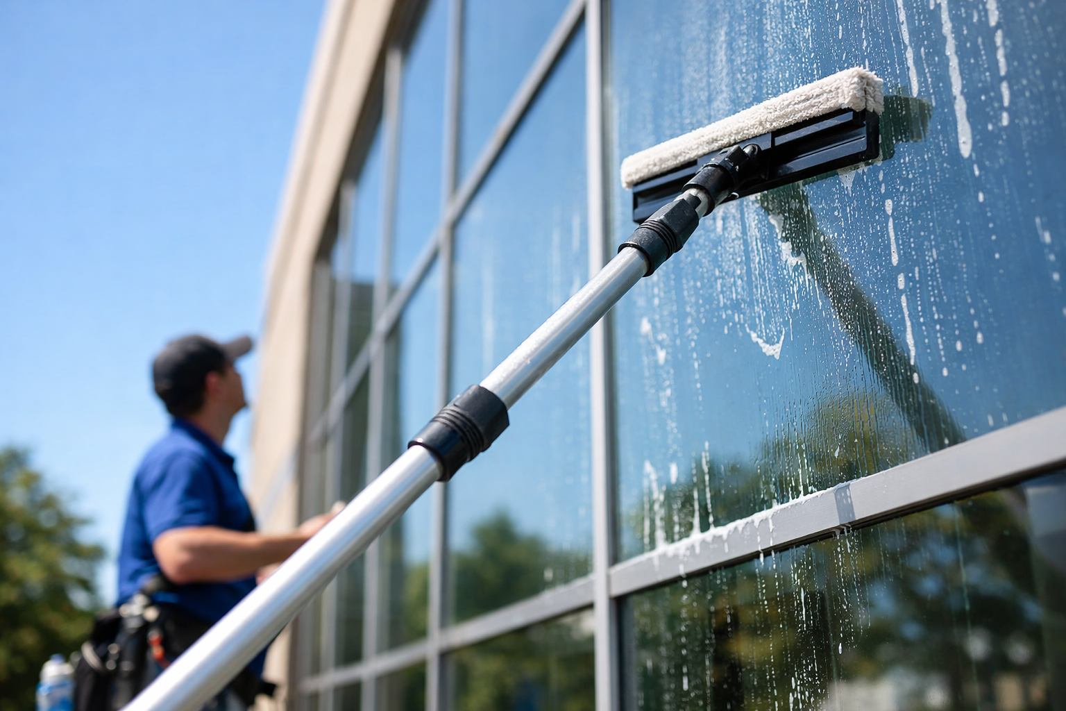 Professional cleaner using an extendable pole window squeegee to clean high exterior glass safely from the ground