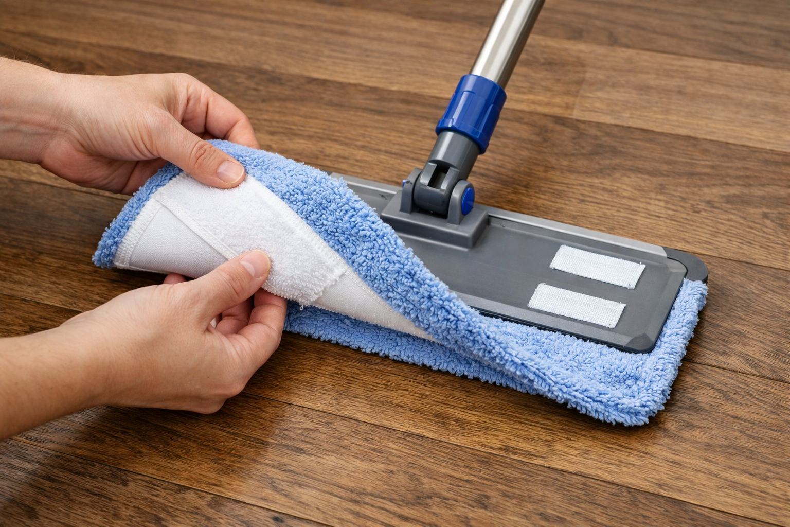 Flat mop system with a removable microfiber pad for quick replacement in commercial cleaning