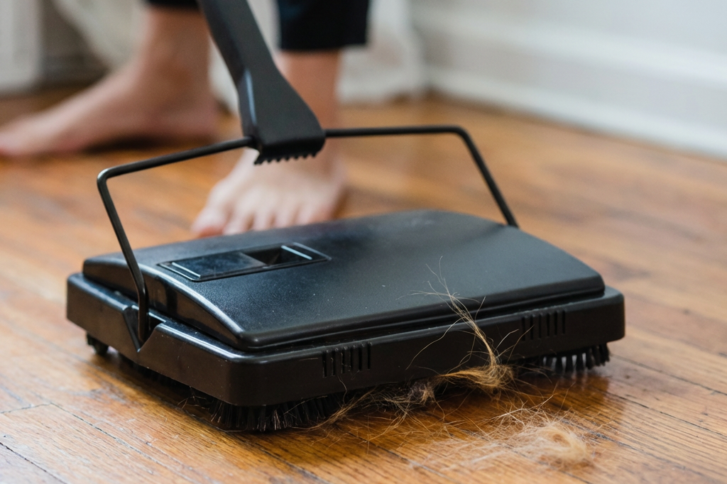 Manual floor sweeper picking up crumbs and surface debris from a hard floor in a quiet office or home