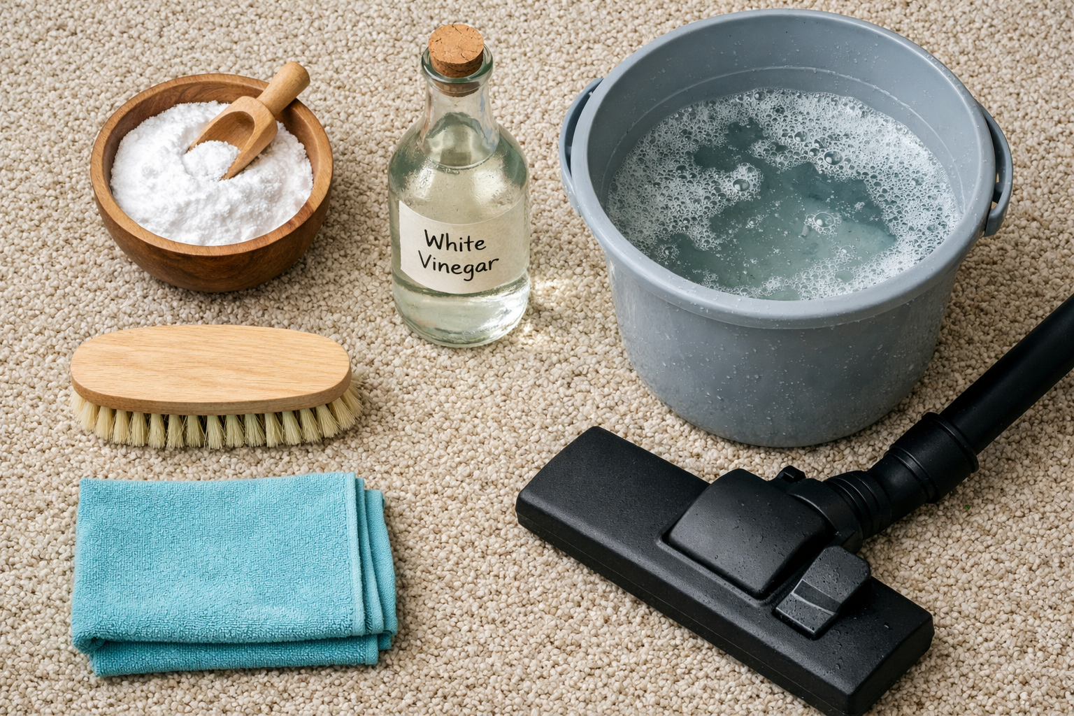 Natural commercial carpet cleaning supplies: baking soda, white vinegar, warm water, soft brush, microfiber cloth, and vacuum