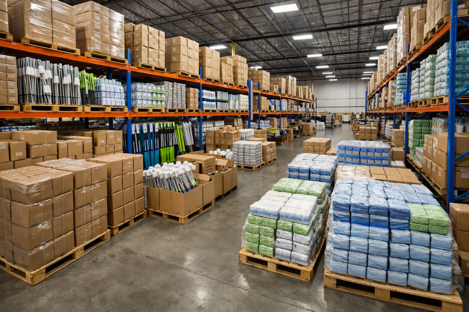 OEM bathroom cleaning tools manufacturer warehouse with bulk packed brushes mops squeegees and microfiber cloths ready for wholesale