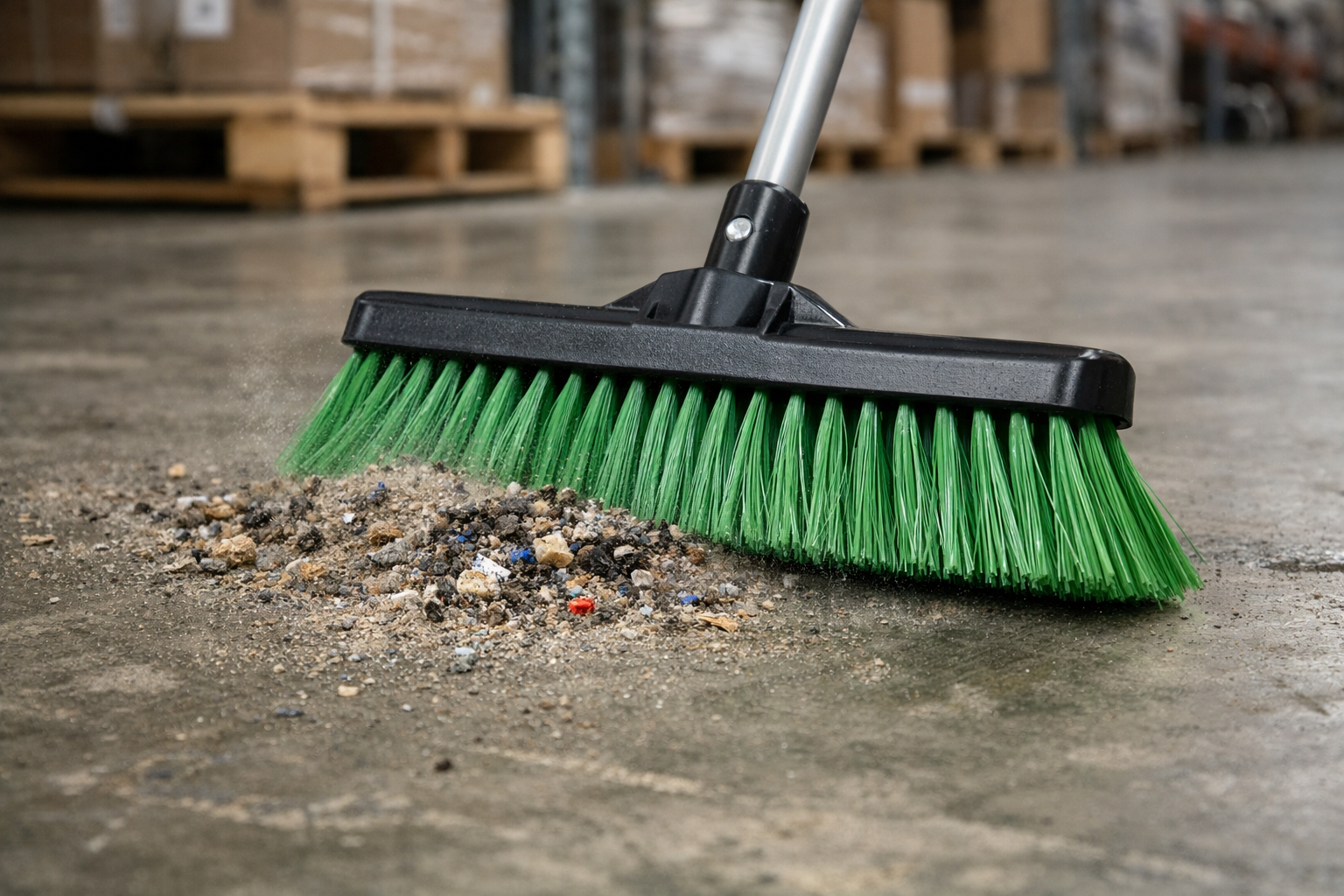Polyester (PET) broom bristles sweeping warehouse floors with durable, elastic filaments for commercial cleaning
