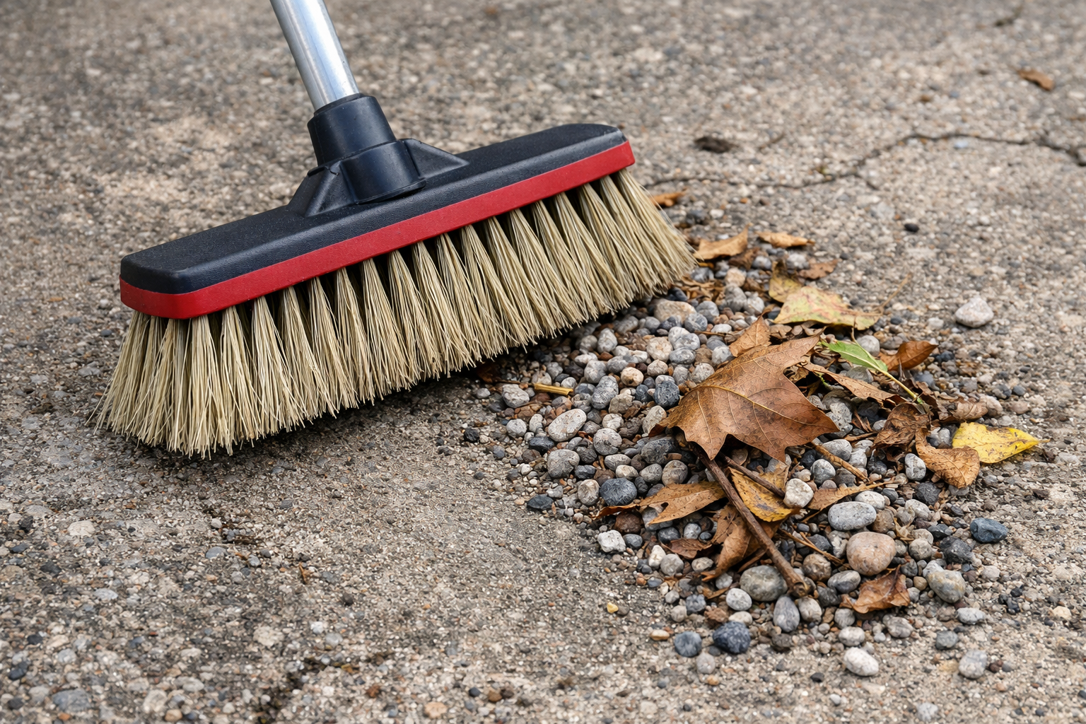 Polypropylene (PP) broom bristles sweeping heavy debris on rough concrete for outdoor and industrial cleaning