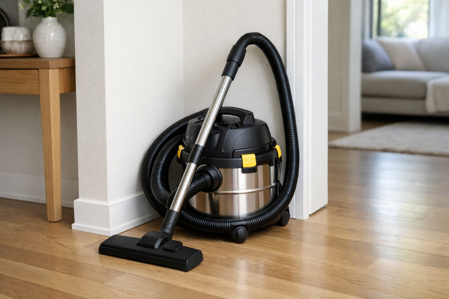 Small wet dry vacuum cleaner for home use showing compact 3 to 8 gallon capacity design stored in a modern living room corner