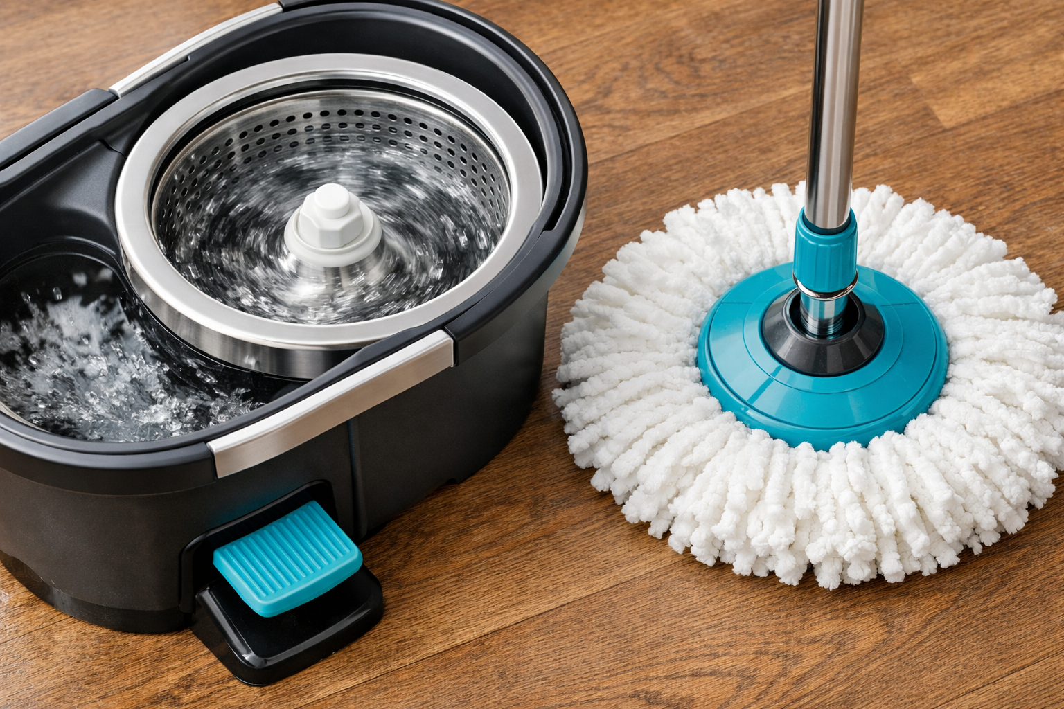 Spin mop system with foot pedal and spinning wringer basket for fast water removal from a round microfiber mop head