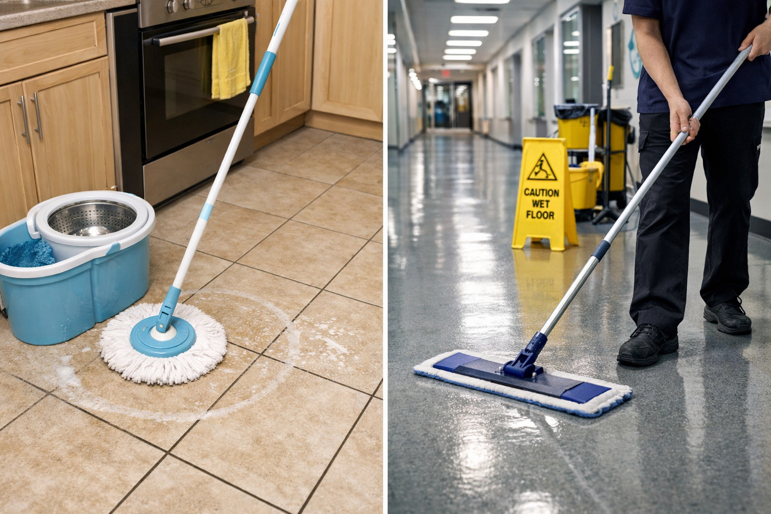 Spin mop for home cleaning vs flat mop for commercial hallway cleaning with larger coverage and faster pad changes
