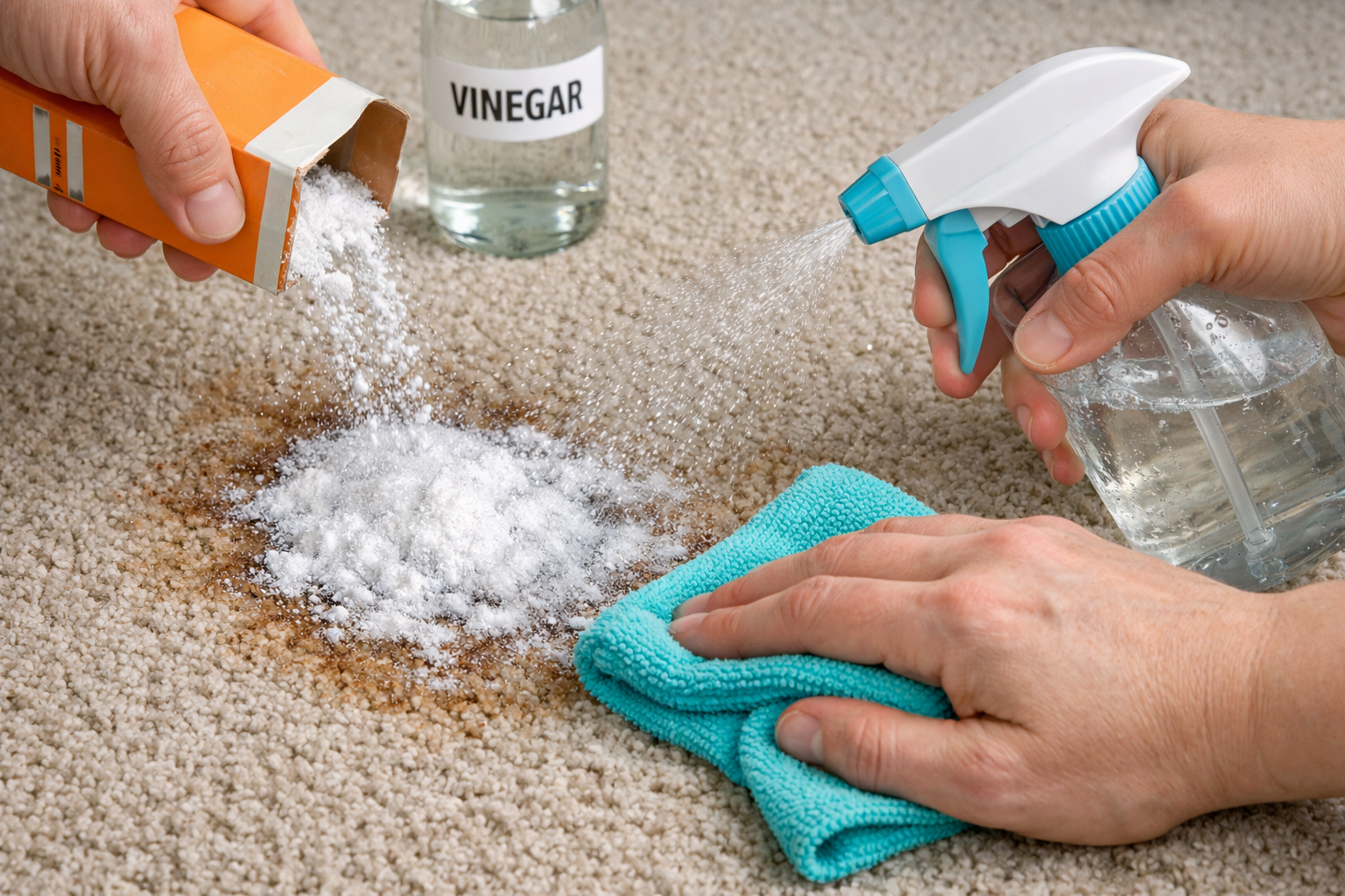 Spot cleaning a commercial carpet stain with baking soda and a vinegar solution, then blotting with a microfiber cloth